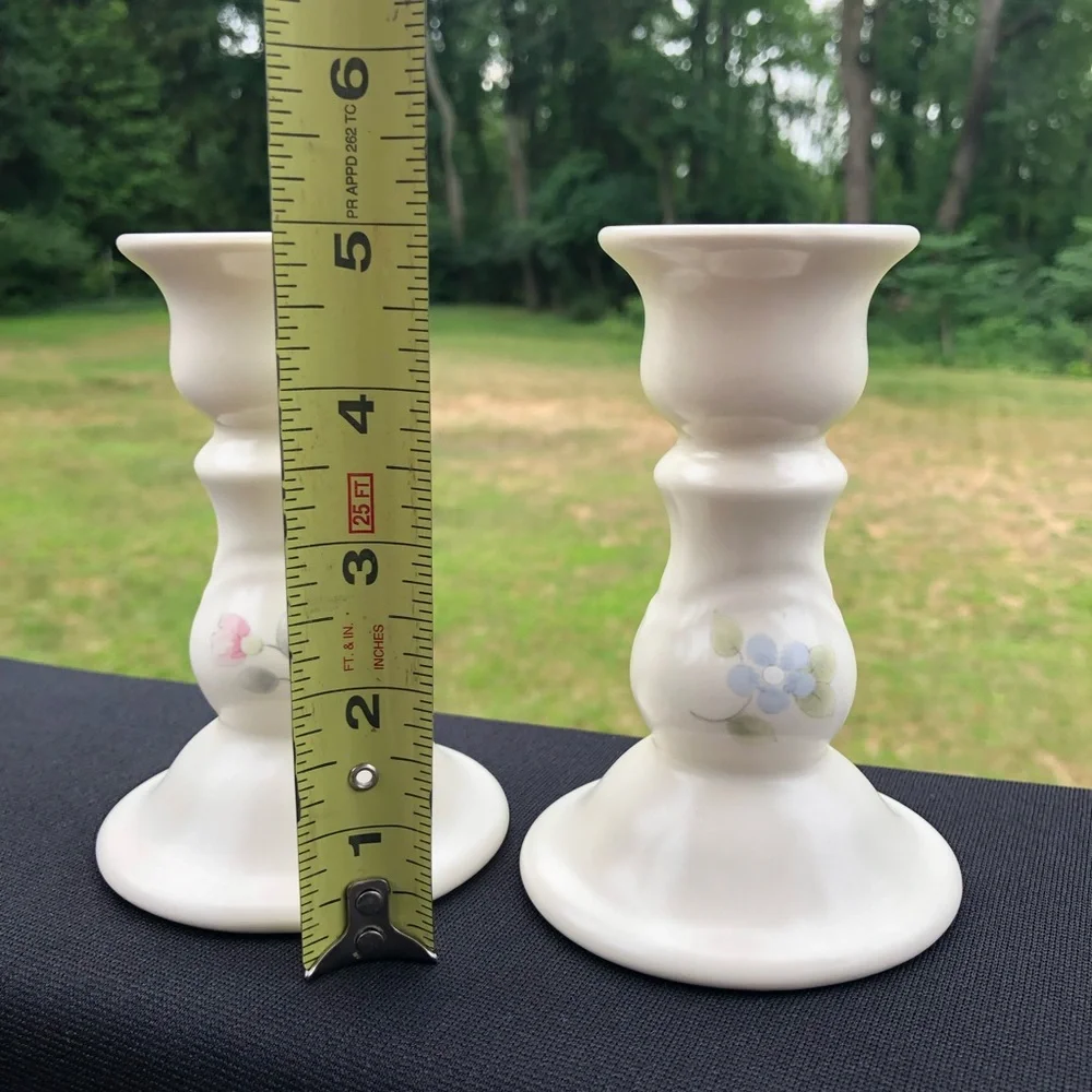 Pfaltzgraff Tea Rose 5” Candlesticks Candleholders - Pink & Blue Flowers